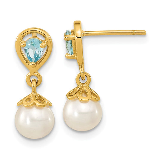 14K Yellow Gold 6 7mm Fwc Pearl Light Swiss Blue Topaz Dangle Post Earrings