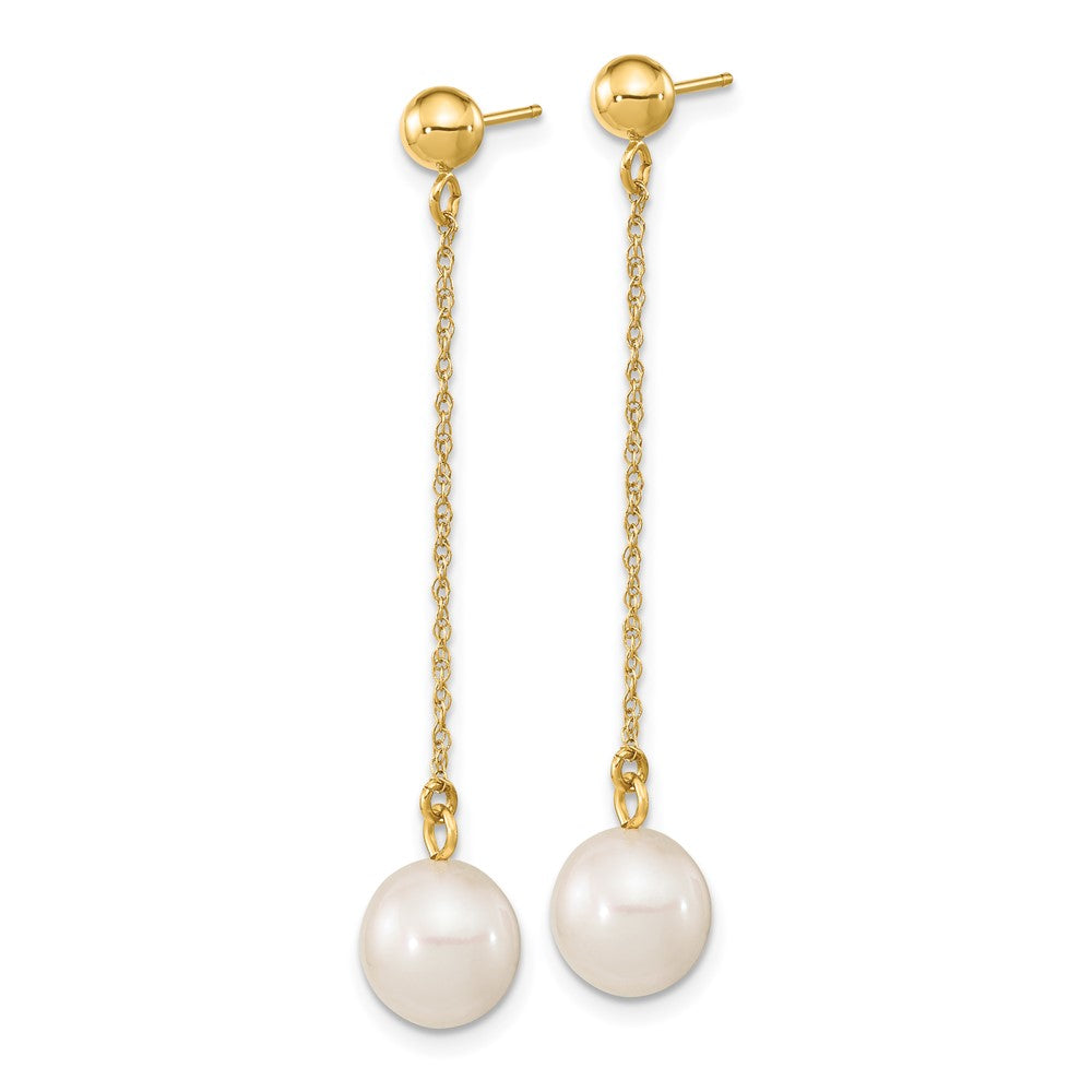 14K Yellow Gold 7 8mm White Round Freshwater Cultured Pearl Post Dangle Earrings