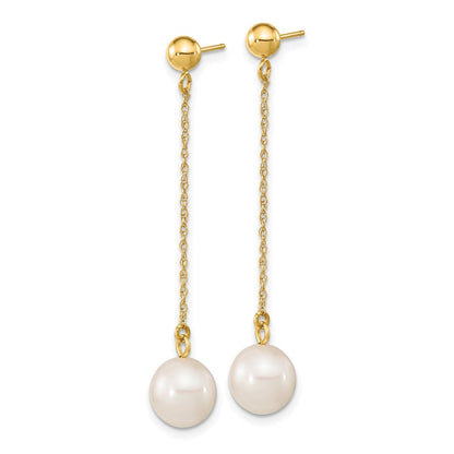 14K Yellow Gold 7 8mm White Round Freshwater Cultured Pearl Post Dangle Earrings