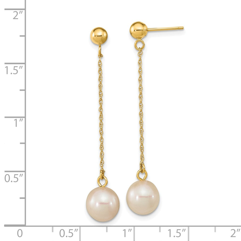 14K Yellow Gold 7 8mm White Round Freshwater Cultured Pearl Post Dangle Earrings