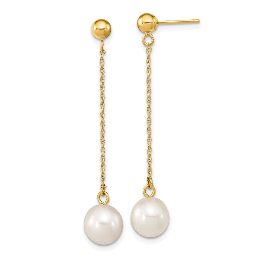 14K Yellow Gold 7 8mm White Round Freshwater Cultured Pearl Post Dangle Earrings
