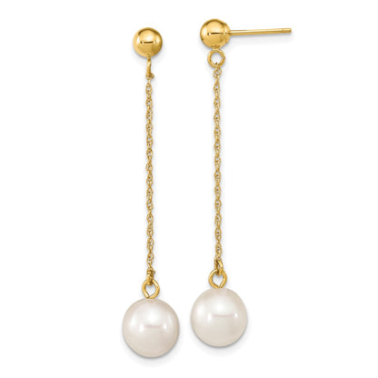 14K Yellow Gold 7 8mm White Round Freshwater Cultured Pearl Post Dangle Earrings