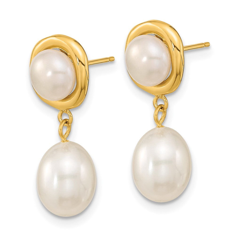 14K Yellow Gold 5 7mm White Button And Rice Freshwater Cultured Pearl Post Dangle Earrings