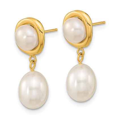 14K Yellow Gold 5 7mm White Button And Rice Freshwater Cultured Pearl Post Dangle Earrings
