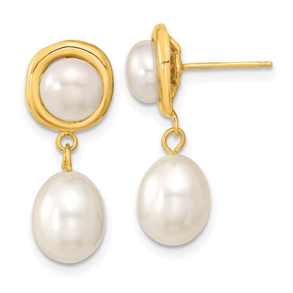 14K Yellow Gold 5 7mm White Button And Rice Freshwater Cultured Pearl Post Dangle Earrings