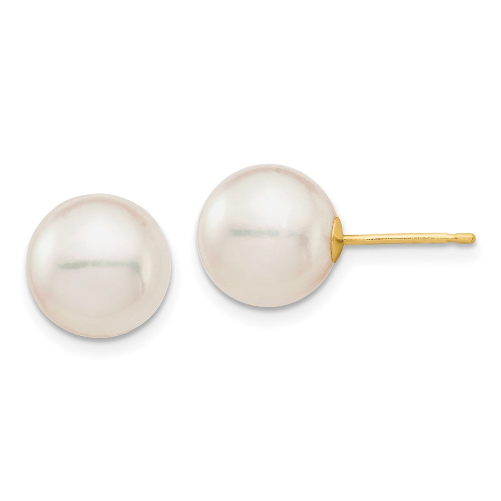 14K Yellow Gold 9 10mm White Round Saltwater Akoya Cultured Pearl Stud Post Earrings