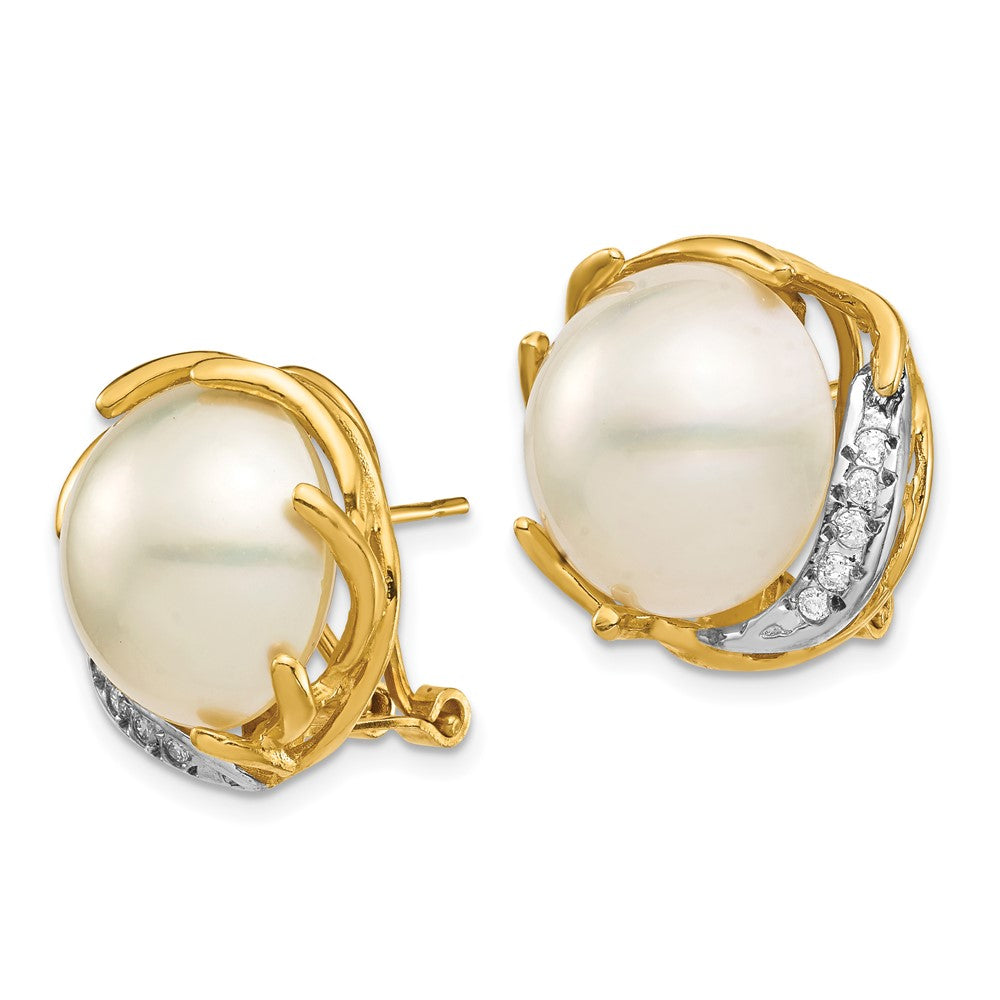 14K Yellow Gold 12 13mm Saltwater Cultured Mabe Pearl .10Ct Diamond Omega Back Earrings