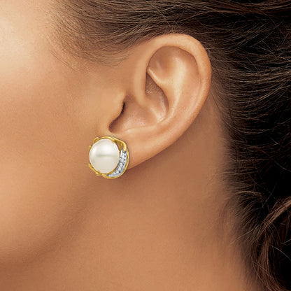14K Yellow Gold 12 13mm Saltwater Cultured Mabe Pearl .10Ct Diamond Omega Back Earrings