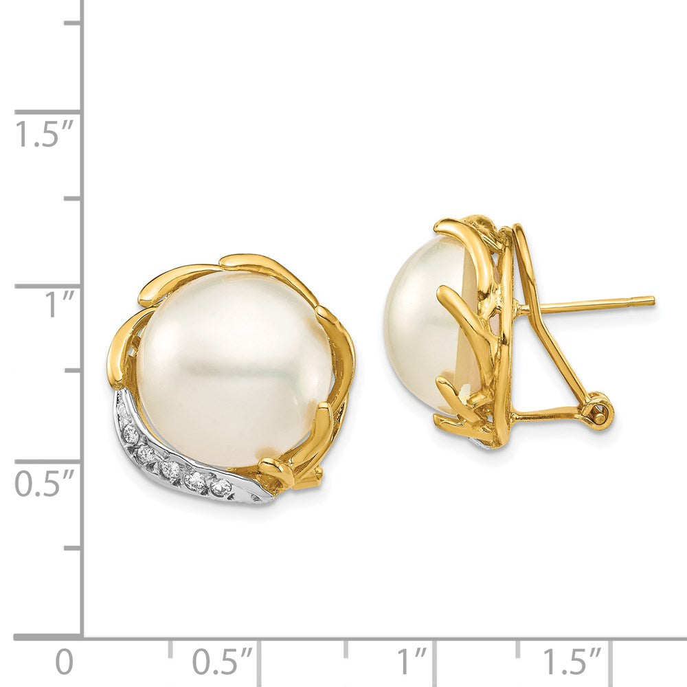 14K Yellow Gold 12 13mm Saltwater Cultured Mabe Pearl .10Ct Diamond Omega Back Earrings