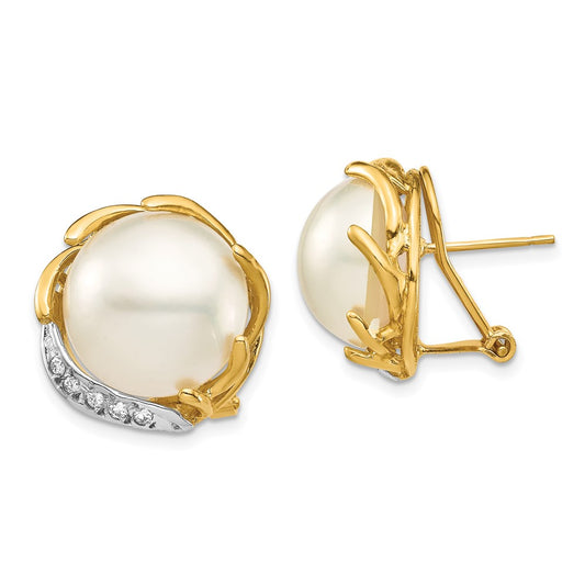 14K Yellow Gold 12 13mm Saltwater Cultured Mabe Pearl .10Ct Diamond Omega Back Earrings