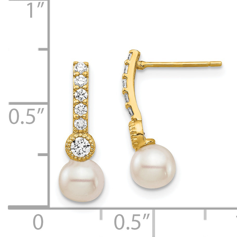 14K Yellow Gold 6mm White Semi Round Freshwater Cultured Pearl Cz Post Drop Earrings