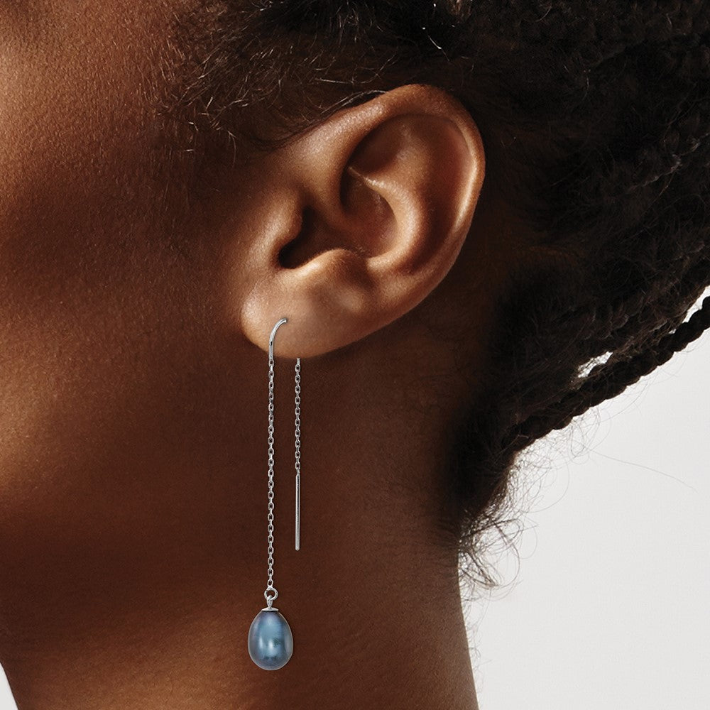 14K White Gold 7 8mm Black Teardrop Freshwater Cultured Pearl Threader Earrings