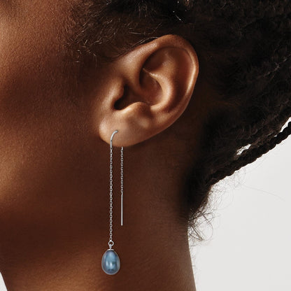 14K White Gold 7 8mm Black Teardrop Freshwater Cultured Pearl Threader Earrings