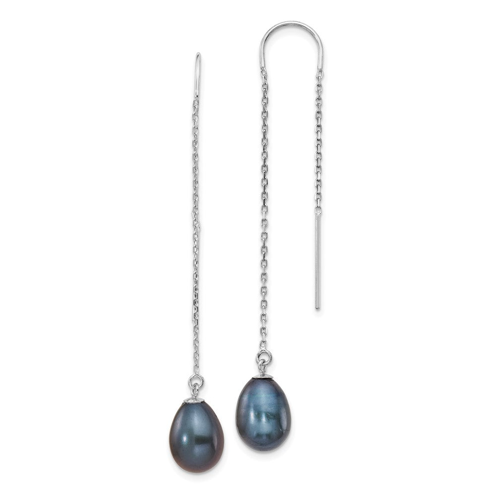14K White Gold 7 8mm Black Teardrop Freshwater Cultured Pearl Threader Earrings