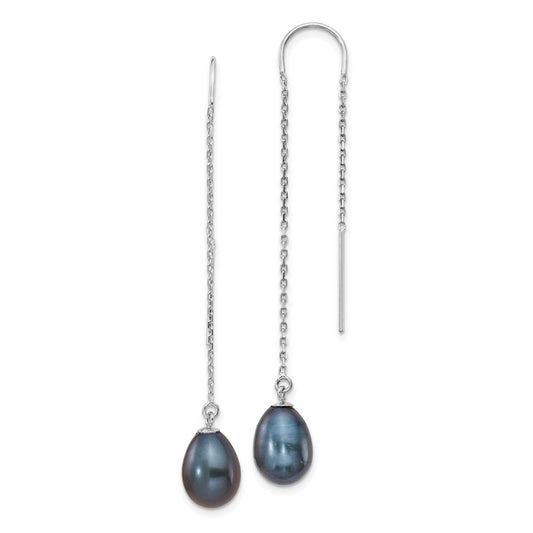 14K White Gold 7 8mm Black Teardrop Freshwater Cultured Pearl Threader Earrings