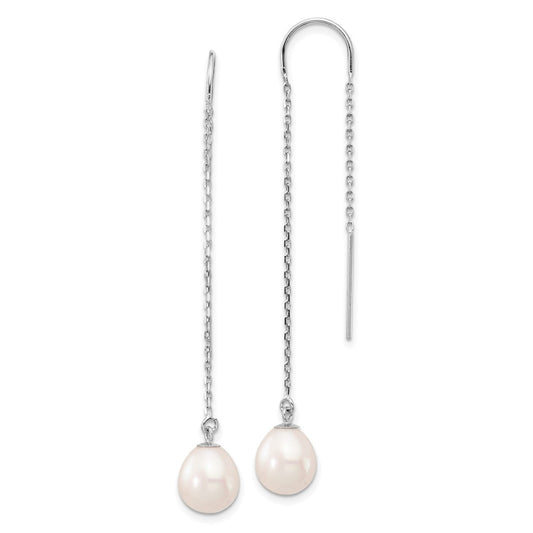 14K White Gold 7 8mm Teardrop Freshwater Cultured Pearl Threader Earrings