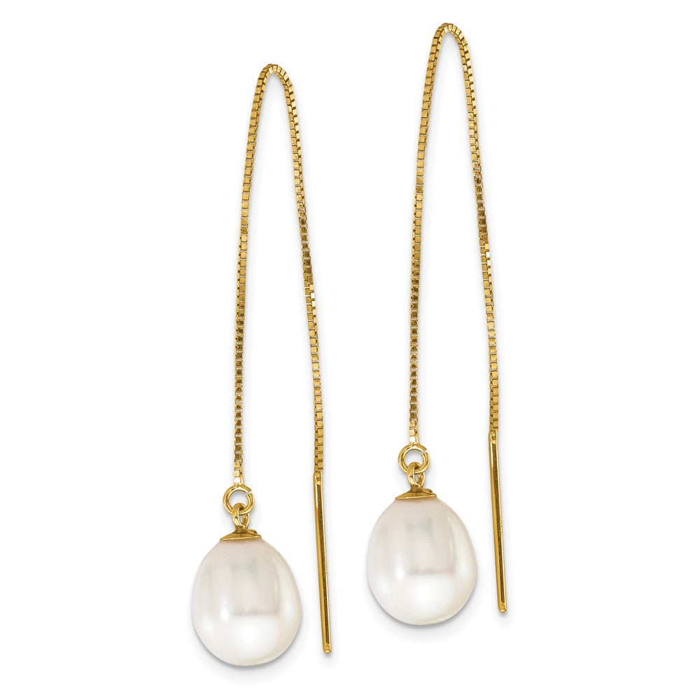 14K Yellow Gold 7 8mm White Teardrop Freshwater Cultured Pearl Box Chain Threader Earrings