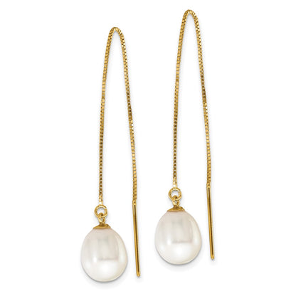 14K Yellow Gold 7 8mm White Teardrop Freshwater Cultured Pearl Box Chain Threader Earrings
