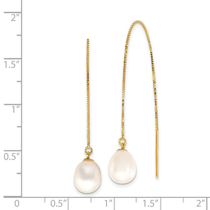 14K Yellow Gold 7 8mm White Teardrop Freshwater Cultured Pearl Box Chain Threader Earrings