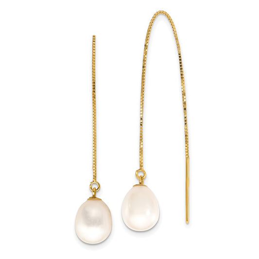14K Yellow Gold 7 8mm White Teardrop Freshwater Cultured Pearl Box Chain Threader Earrings