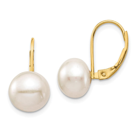 14K Yellow Gold 9 10mm White Button Freshwater Cultured Pearl Leverback Earrings