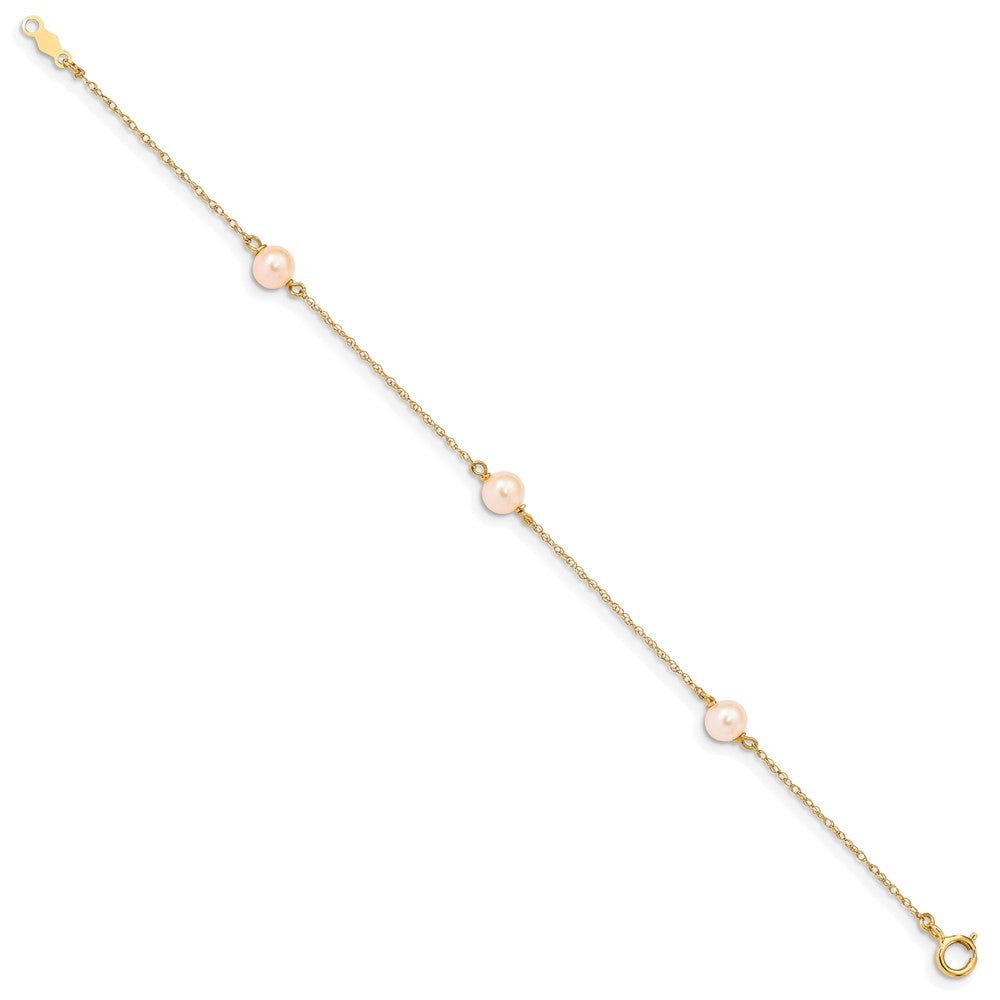 14K Yellow Gold Madi K 5 6mm Pink Near Round Freshwater Cultured Pearl 3 Station 6 Inch Bracelet