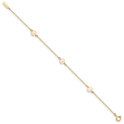 14K Yellow Gold Madi K 5 6mm Pink Near Round Freshwater Cultured Pearl 3 Station 6 Inch Bracelet