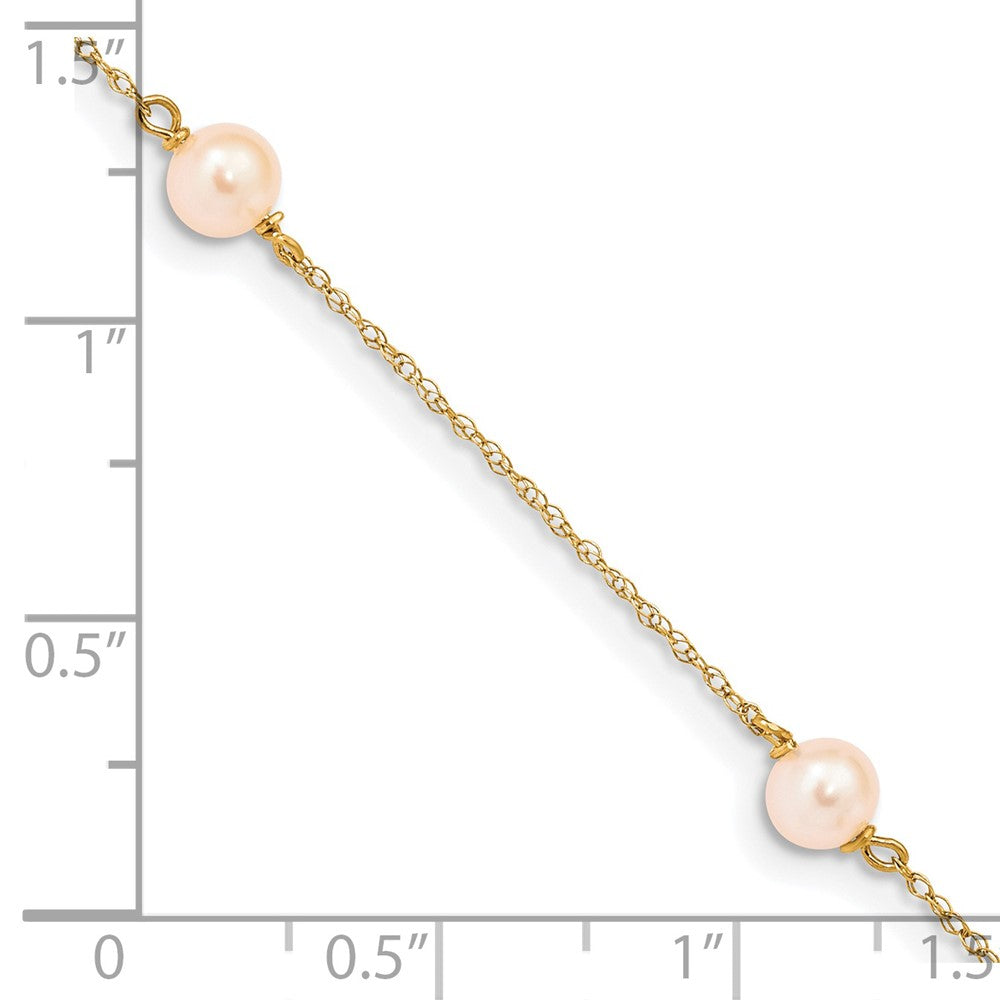 14K Yellow Gold Madi K 5 6mm Pink Near Round Freshwater Cultured Pearl 3 Station 6 Inch Bracelet