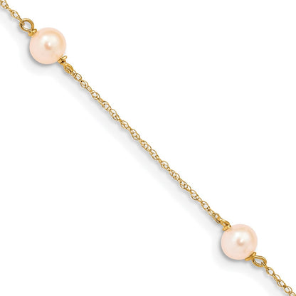 14K Yellow Gold Madi K 5 6mm Pink Near Round Freshwater Cultured Pearl 3 Station 6 Inch Bracelet