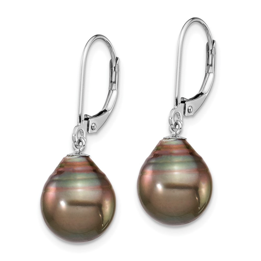 14K White Gold 10 11mm Black Teardrop Tahitian Saltwater Cultured Pearl Leverback Dangle Earrings
