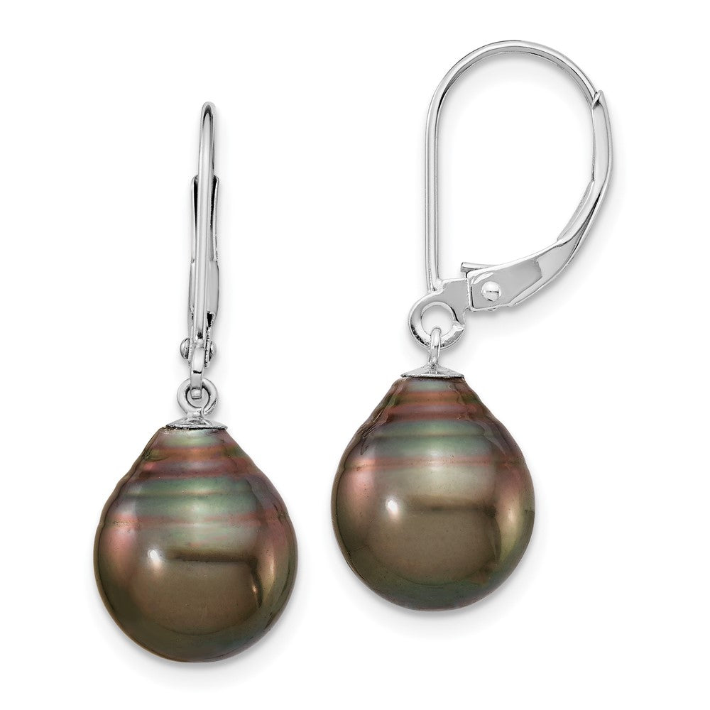 14K White Gold 10 11mm Black Teardrop Tahitian Saltwater Cultured Pearl Leverback Dangle Earrings