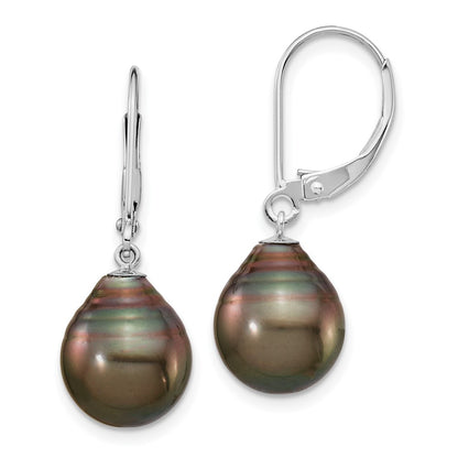 14K White Gold 10 11mm Black Teardrop Tahitian Saltwater Cultured Pearl Leverback Dangle Earrings