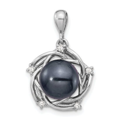 14k White Gold 14k White Gold 8-9mm Black Round Tahitian Saltwater Cultured Pearl and .075 Carat Diamond Pendant