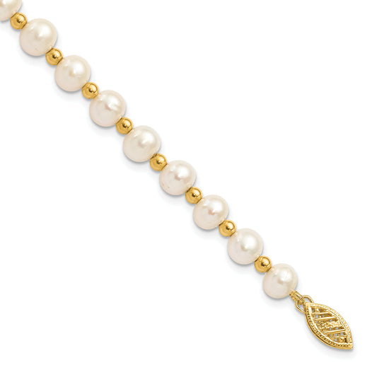 14K Yellow Gold 6 7mm White Near Round Freshwater Cultured Pearl Beaded 7 Inch Bracelet