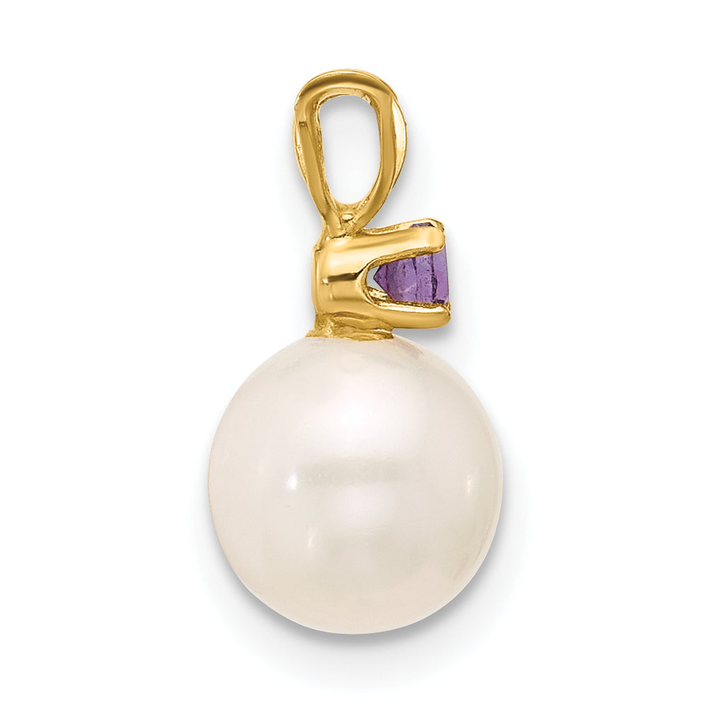 14k Yellow Gold 14k 7-7.5mm White Round Freshwater Cultured Pearl and .07AM Amethyst Pendant