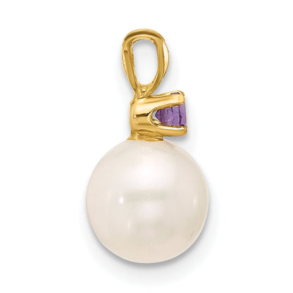 14k Yellow Gold 14k 7-7.5mm White Round Freshwater Cultured Pearl and .07AM Amethyst Pendant