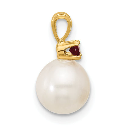 14k Yellow Gold 14k 7-7.5mm White Round Freshwater Cultured Pearl and .09RU Ruby Pendant