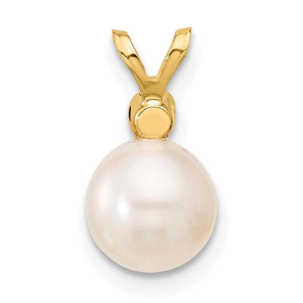 14k Yellow Gold 14k 7-7.5mm White Round Freshwater Cultured Pearl and .09RU Ruby Pendant