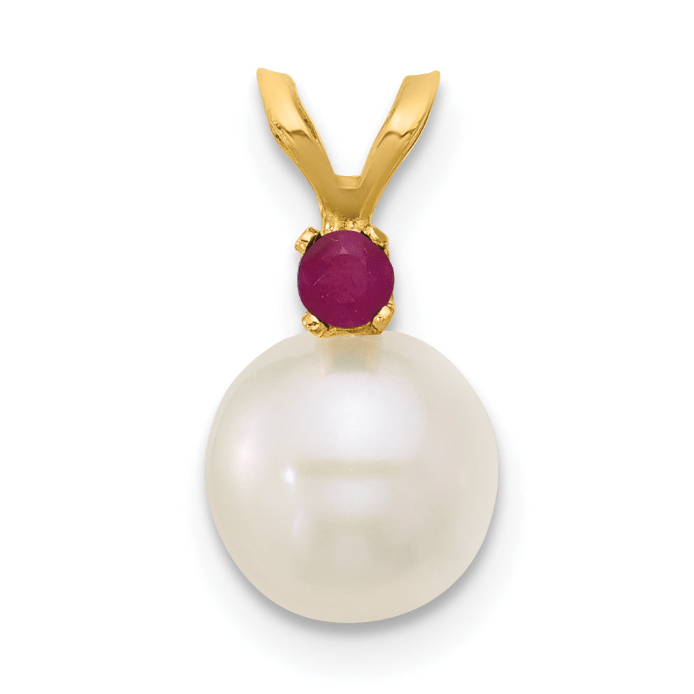 14k Yellow Gold 14k 7-7.5mm White Round Freshwater Cultured Pearl and .09RU Ruby Pendant