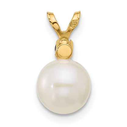 14k Yellow Gold 14k 7-7.5mm White Round Freshwater Cultured Pearl and .09SA Sapphire Pendant
