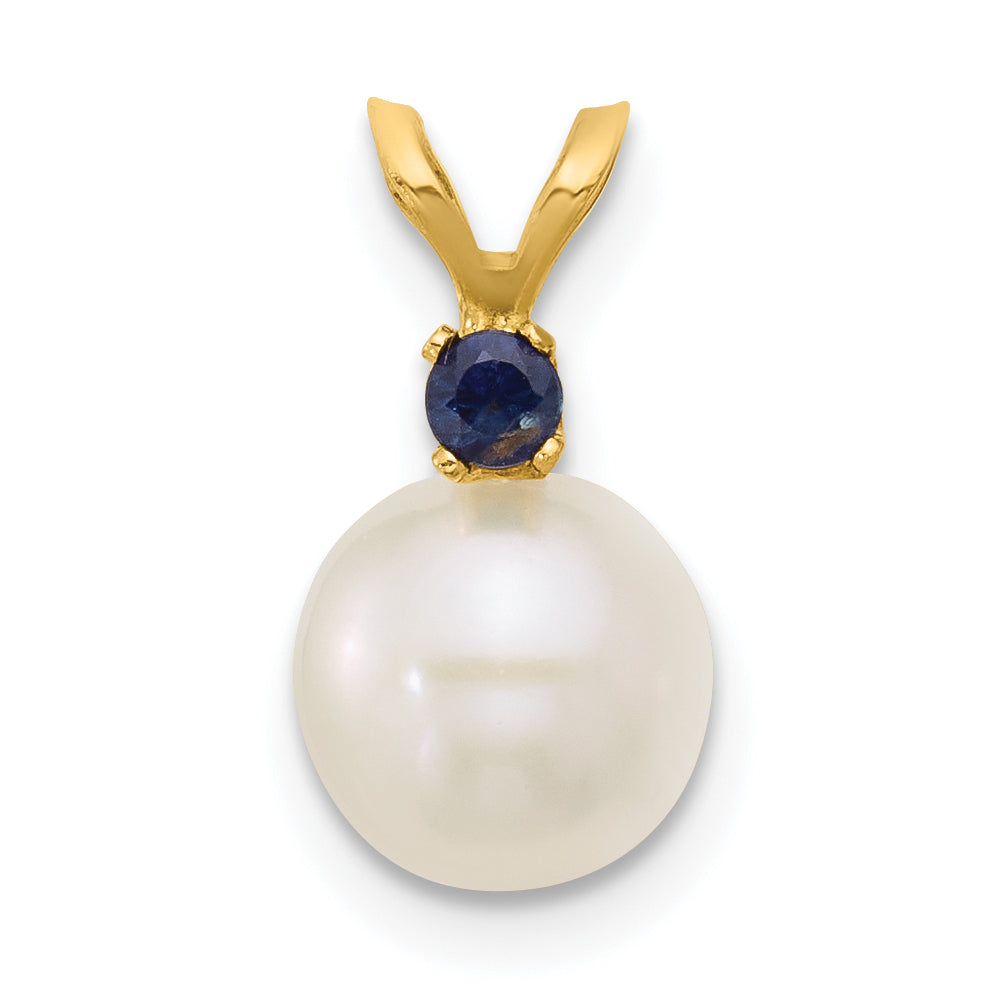 14k Yellow Gold 14k 7-7.5mm White Round Freshwater Cultured Pearl and .09SA Sapphire Pendant