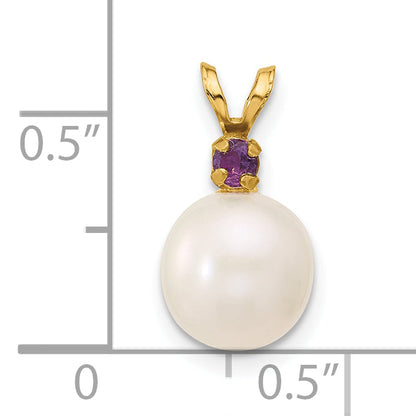 14k Yellow Gold 14k 8-8.5mm White Round Freshwater Cultured Pearl and .07AM Amethyst Pendant