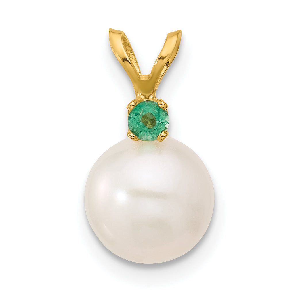 14k Yellow Gold 14k8-8.5mm White Round Freshwater Cultured Pearl and .09EM Emerald Pendant