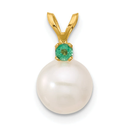 14k Yellow Gold 14k8-8.5mm White Round Freshwater Cultured Pearl and .09EM Emerald Pendant