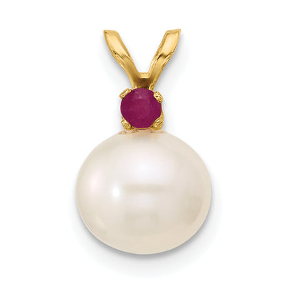 14k Yellow Gold 14k 8-8.5mm White Round Freshwater Cultured Pearl and .09RU Ruby Pendant