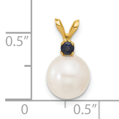 14k Yellow Gold 14k 8-8.5mm White Round Freshwater Cultured Pearl and .09SA Sapphire Pendant