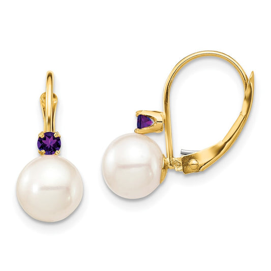 14K Yellow Gold 7 7.5mm White Round Freshwater Cultured Pearl And .14Am Amethyst Leverback Earrings