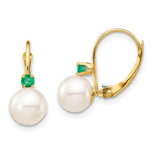 14K Yellow Gold 7 7.5mm White Round Freshwater Cultured Pearl And .18Em Emerald Leverback Earrings