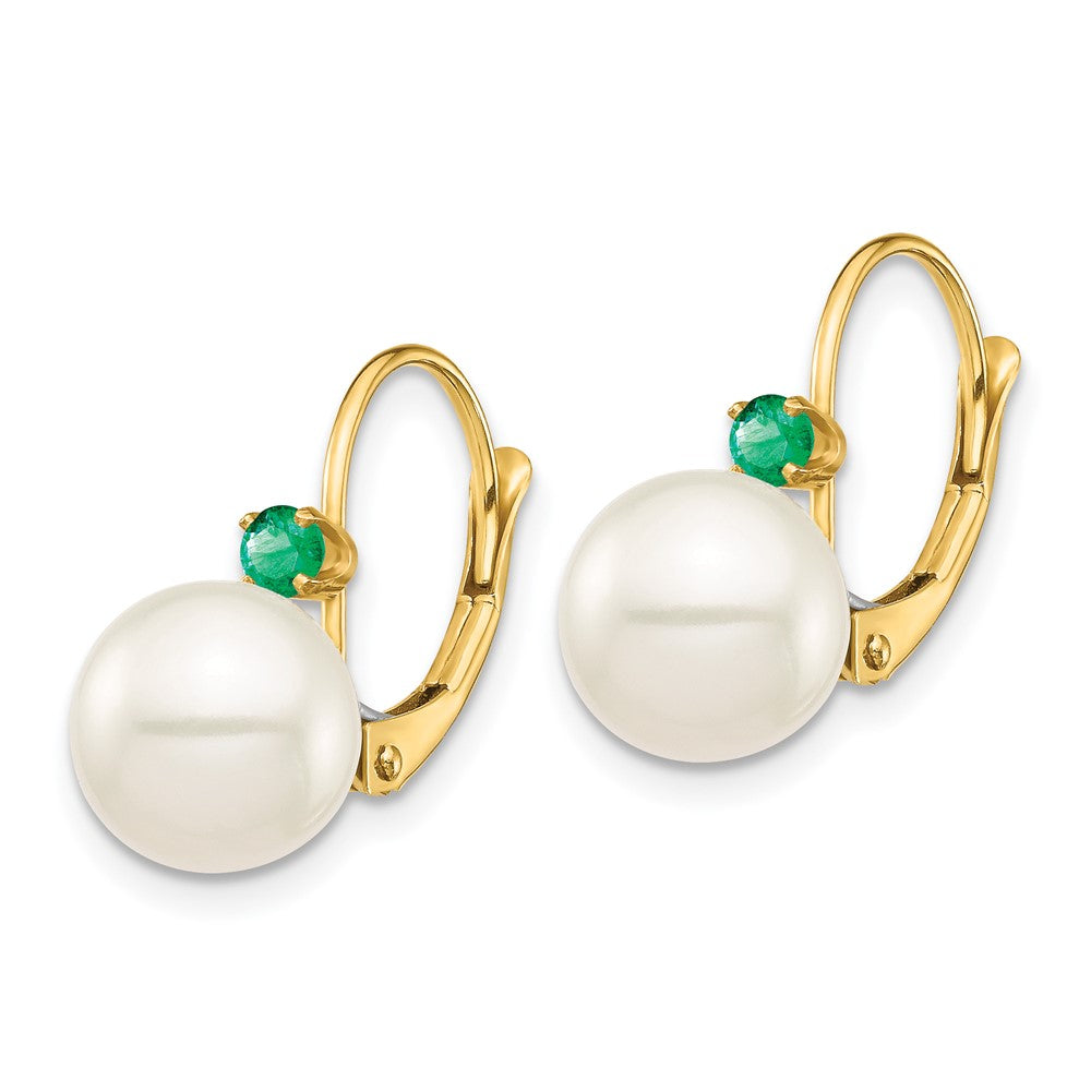 14K Yellow Gold 8 8.5mm White Round Freshwater Cultured Pearl And .18Em Emerald Leverback Earrings