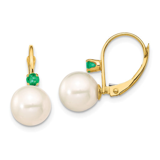 14K Yellow Gold 8 8.5mm White Round Freshwater Cultured Pearl And .18Em Emerald Leverback Earrings